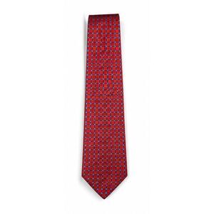 HERMES Designer Luxury Silk Tie Red Squares with Blue Accents
